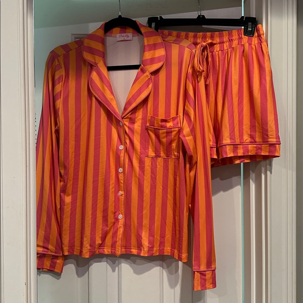 Pink Lily small striped pink and orange 
Pajama set. Like new